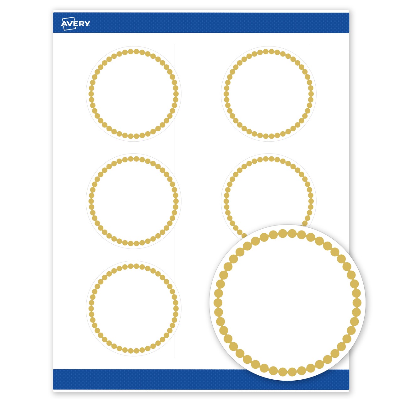 Avery Printable Round Labels, Gold Beads, 3" Diameter, Matte White Round Labels, Permanent, Laser/Inkjet, 60ct, Great for Product Labels
